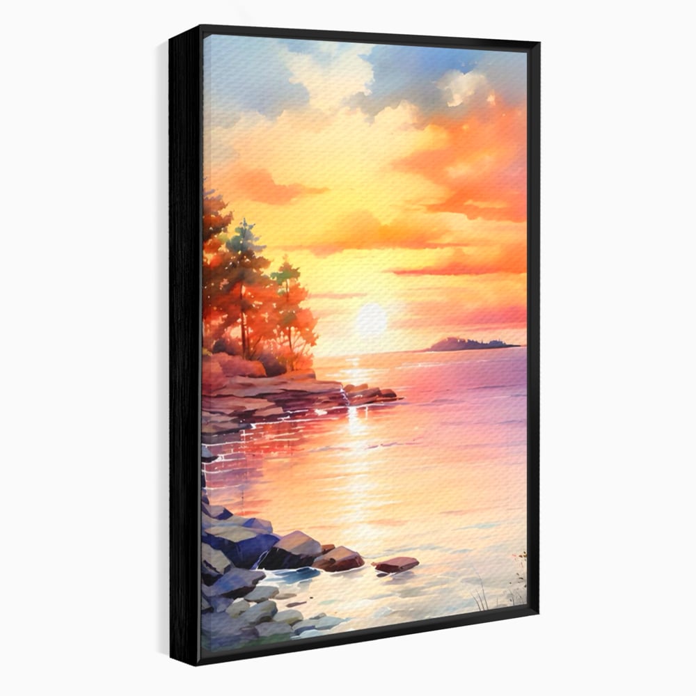Tablou canvas cu tablou canvas cu peisaj de apus, in rama de aluminiu negru